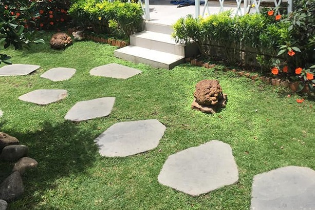 Lối đi sân vườn với các phiến đá tự nhiên, cây xanh và hoa cam, tạo không gian thư giãn và tự nhiên.