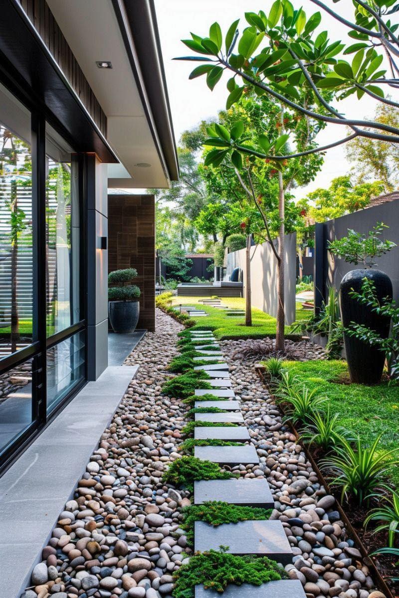 Lối đi đá xếp trong khu vườn hiện đại với cỏ xanh và cây kiểng, tạo không gian thư giãn lý tưởng.