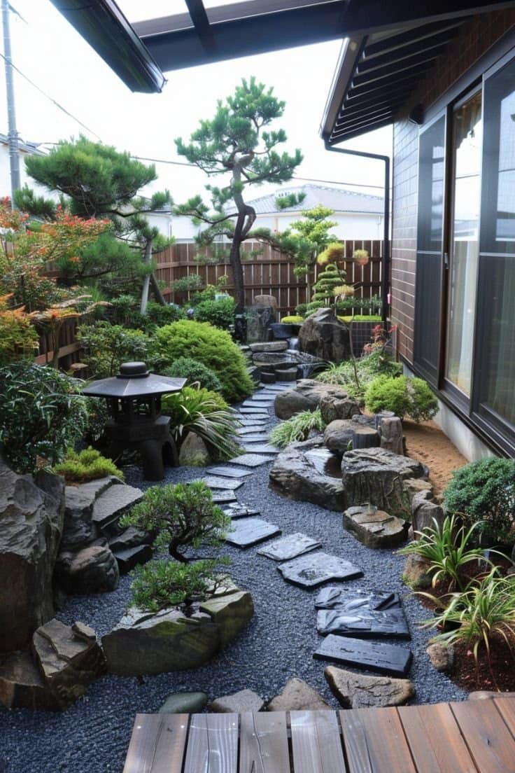 Khu vườn Nhật Bản với cây xanh, đá và lối đi lát đá mang phong cách thiền định và hòa hợp thiên nhiên.