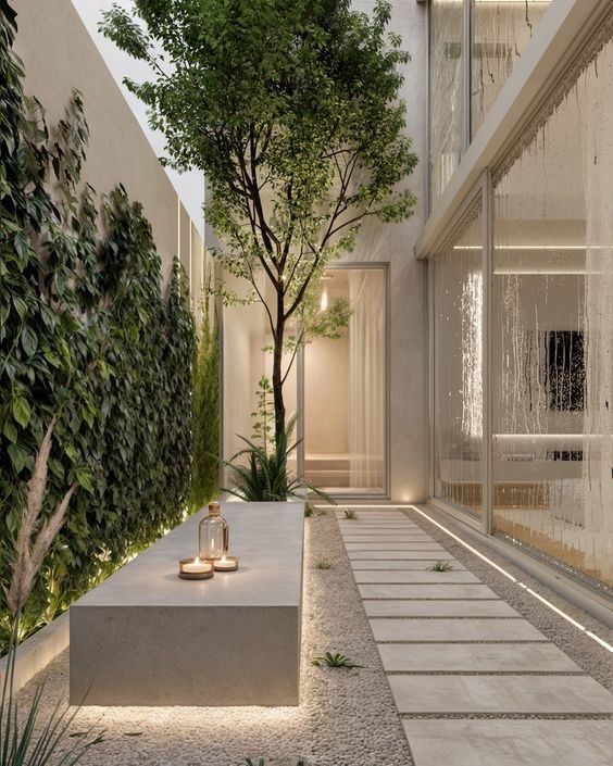 Sân vườn nhỏ gọn hiện đại với cây xanh, đèn nến và lối đi đá, tạo không gian thư giãn tinh tế bên cạnh tường kính.