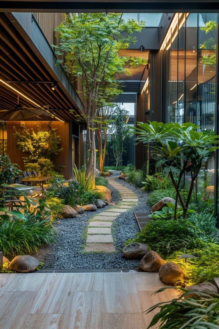 Lối đi lát đá trong vườn nội thất với cây xanh và ánh sáng tự nhiên tạo không gian thư giãn, thoáng đãng.