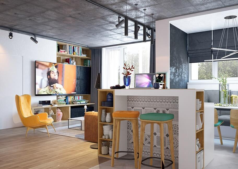 Phòng khách hiện đại với ghế thư giãn vàng, bàn ăn, kệ sách và tivi màn hình lớn.