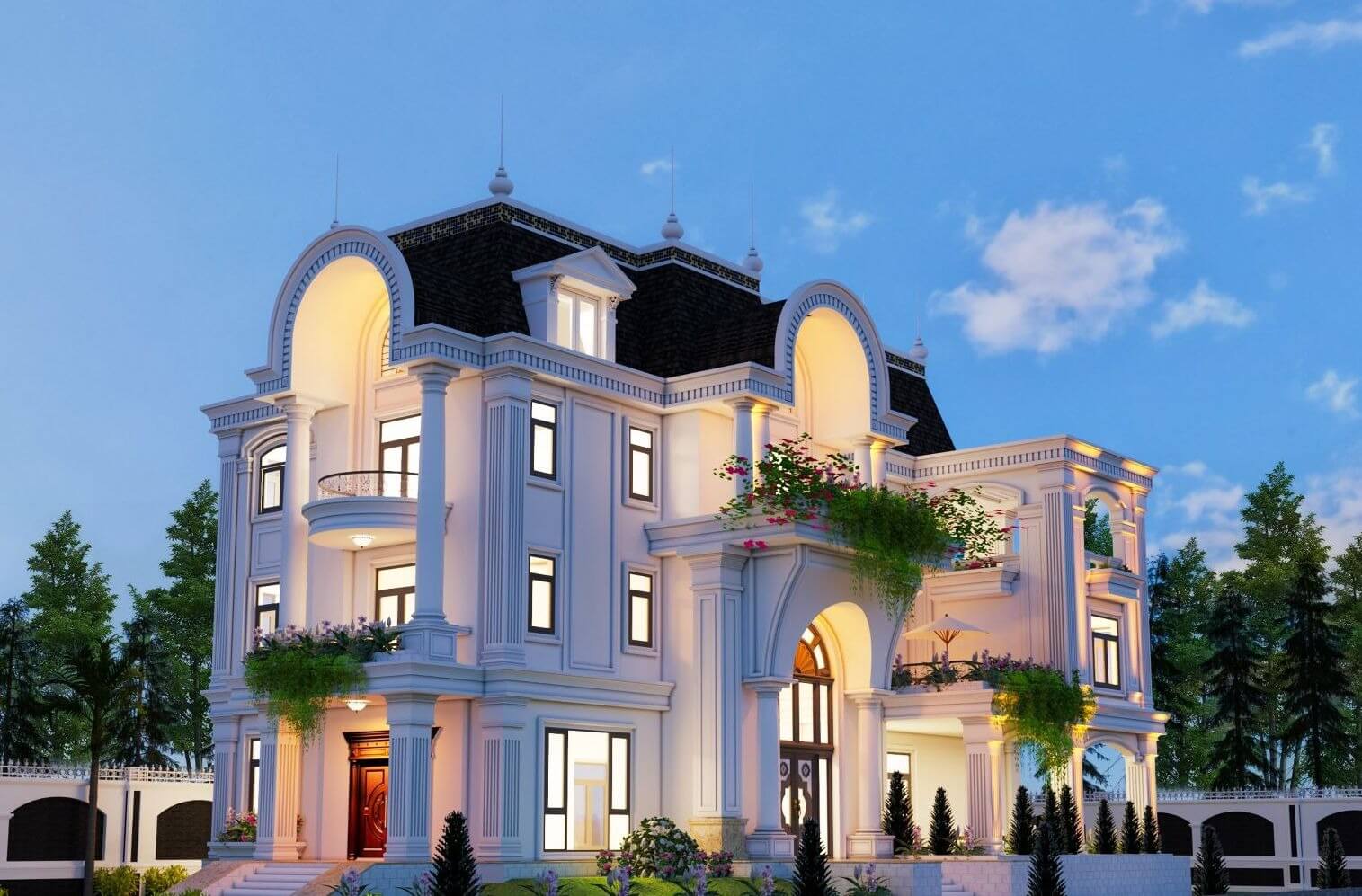Biệt thự phong cách cổ điển sang trọng với cây cối xung quanh và bầu trời xanh.