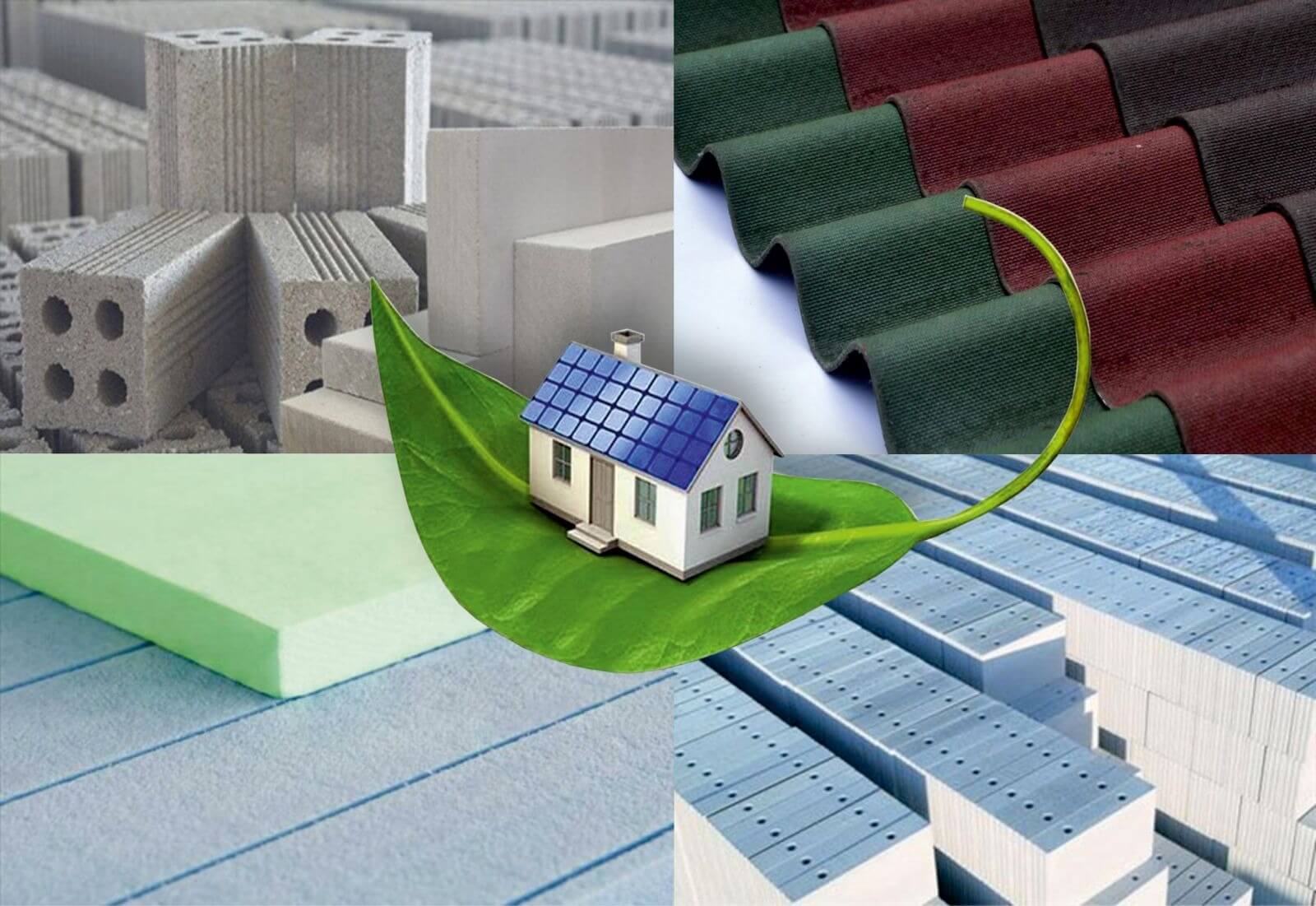 exfd7iq2caromjb165uy Ảnh minh họa vật liệu xây dựng và mô hình ngôi nhà bền vững trên lá xanh.