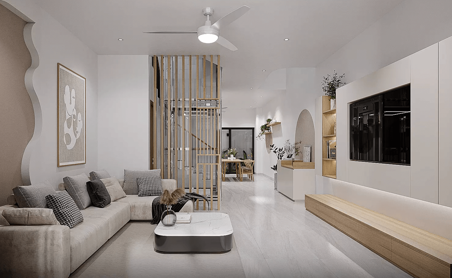 Phòng khách hiện đại với sofa màu be, bàn trà đá, và trang trí nội thất tối giản.