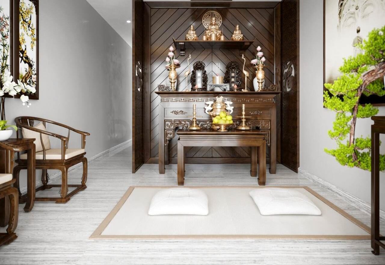 Phòng thờ truyền thống với bàn thờ gỗ, đồ thờ cúng và cây cảnh xanh trong không gian yên tĩnh.