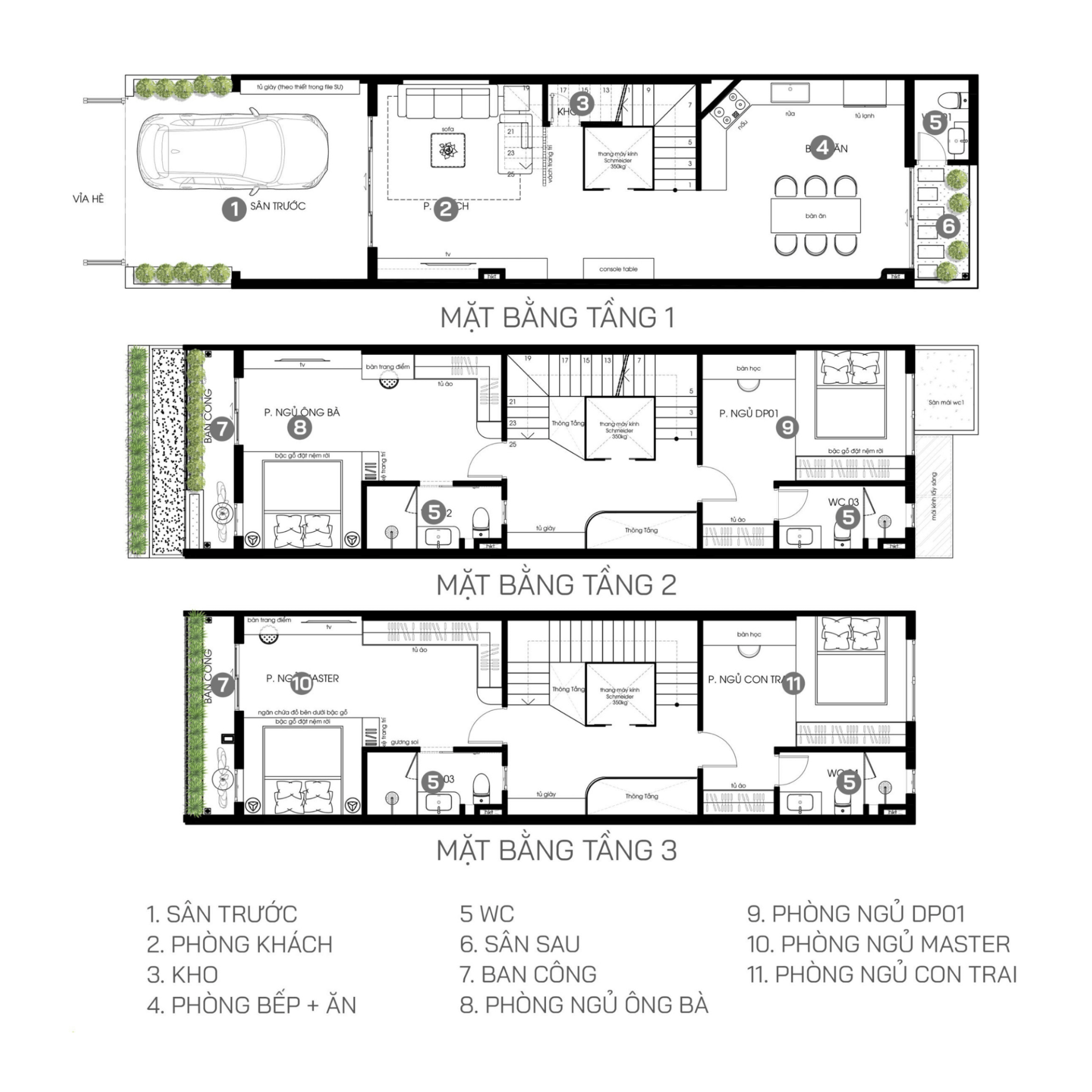 Bản vẽ thiết kế nhà ba tầng với các khu vực như phòng khách, bếp, phòng ngủ và ban công.
