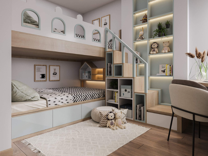 Phòng ngủ trẻ em hiện đại với giường tầng, kệ sách và trang trí sáng tạo.