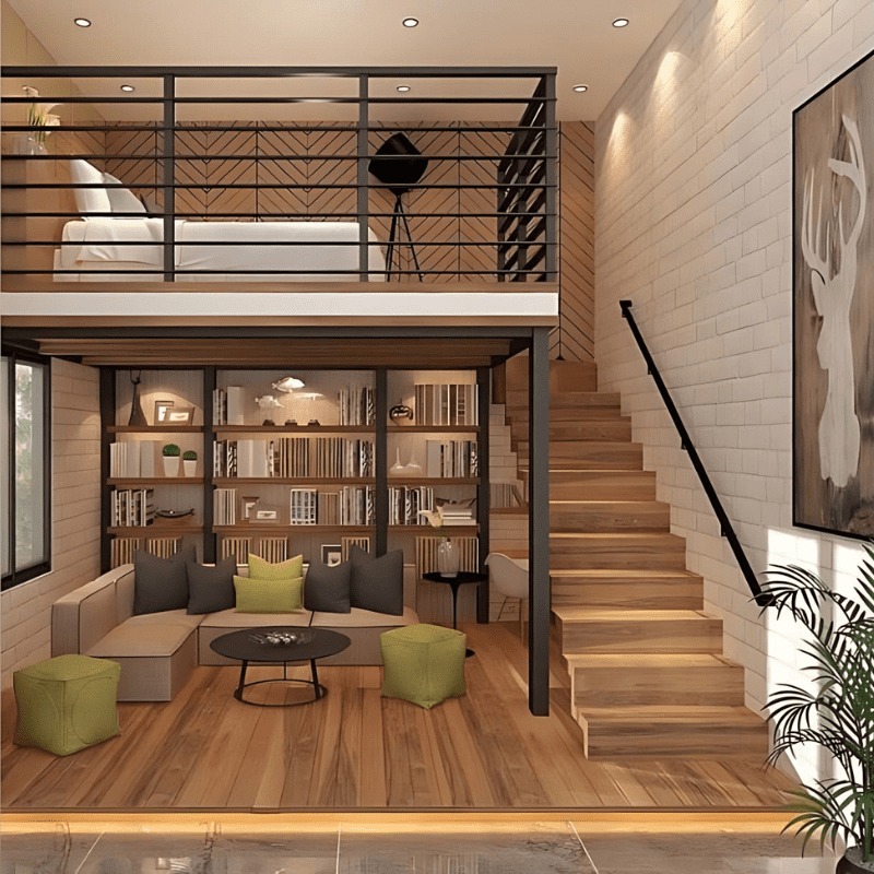 Phòng khách hiện đại với gác lửng, cầu thang gỗ, nội thất tối giản và ánh sáng ấm cúng.