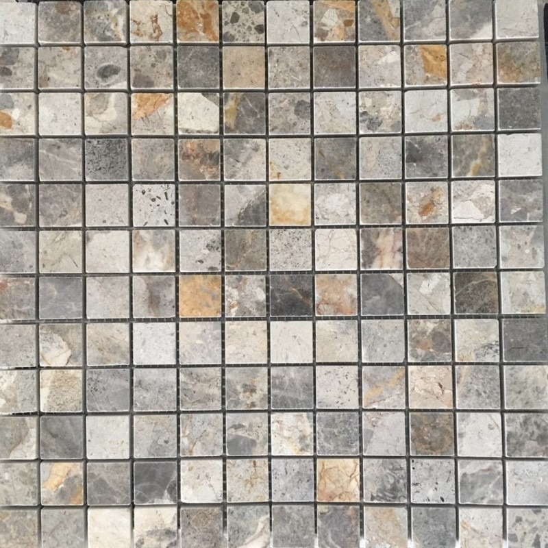 Gạch mosaic đá cẩm thạch xám nhạt đa màu sắc, dùng ốp lát trang trí nội thất, kích thước ô vuông nhỏ.