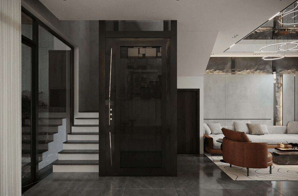 Phòng khách hiện đại với ghế da nâu, tường màu xám và cửa sổ kính lớn.