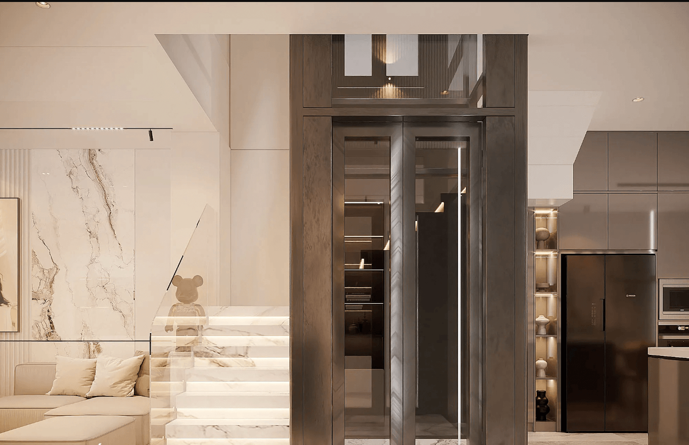 Phòng khách hiện đại với nội thất sang trọng, cầu thang đá cẩm thạch và bức tường gỗ kính tối màu.