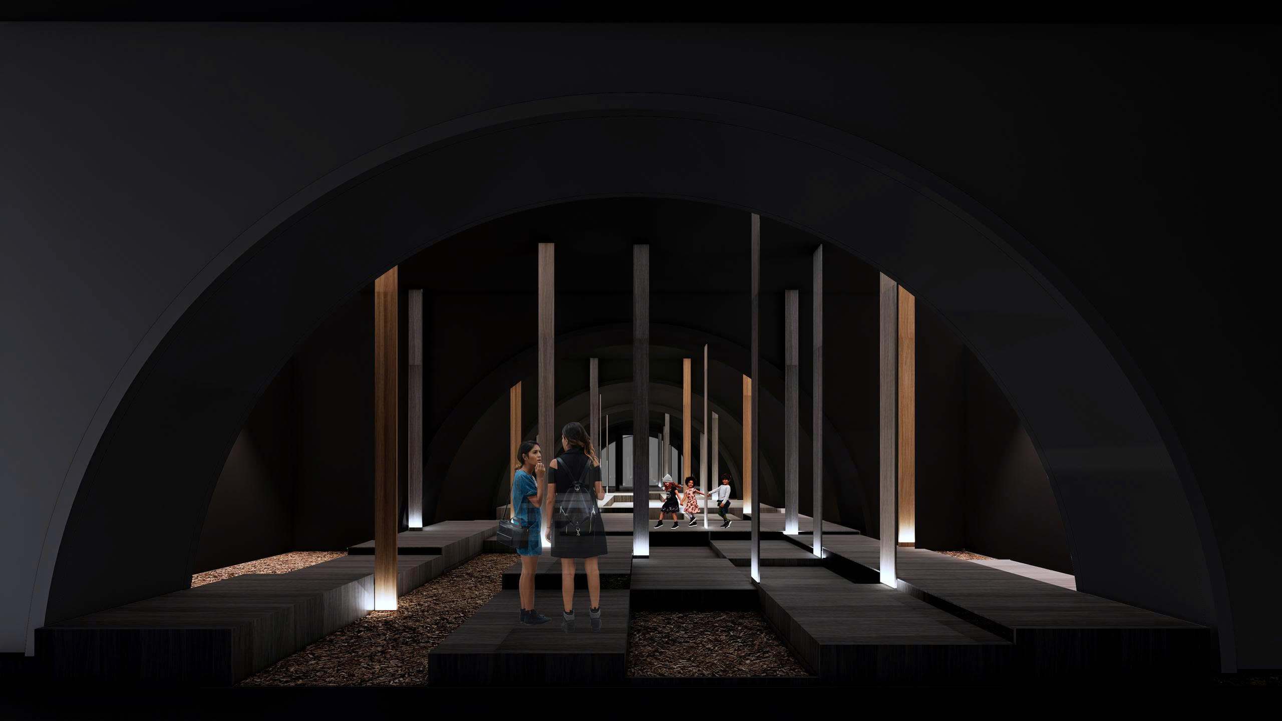 Không gian nội thất tối giản với cột trụ và ánh sáng, người trò chuyện tạo điểm nhấn trung tâm.