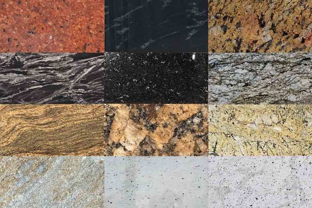 Mẫu đá hoa cương màu sắc đa dạng, dùng trong trang trí nội thất và ngoại thất.