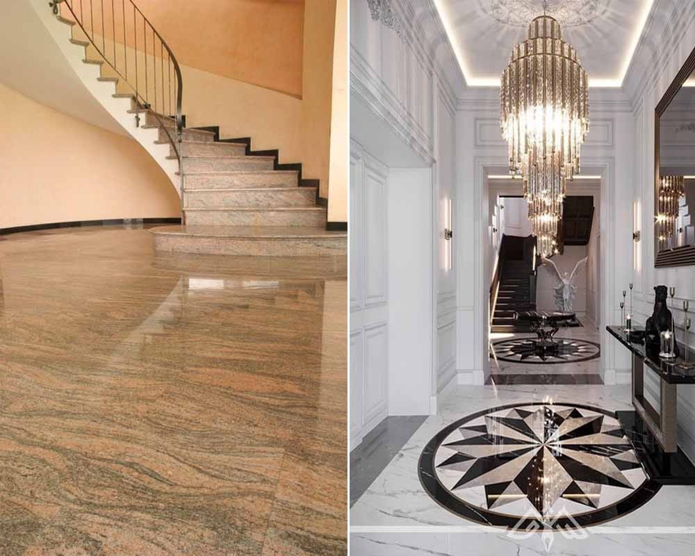 Cầu thang và hành lang sang trọng với sàn đá cẩm thạch, đèn chùm pha lê và trang trí nội thất tinh tế.