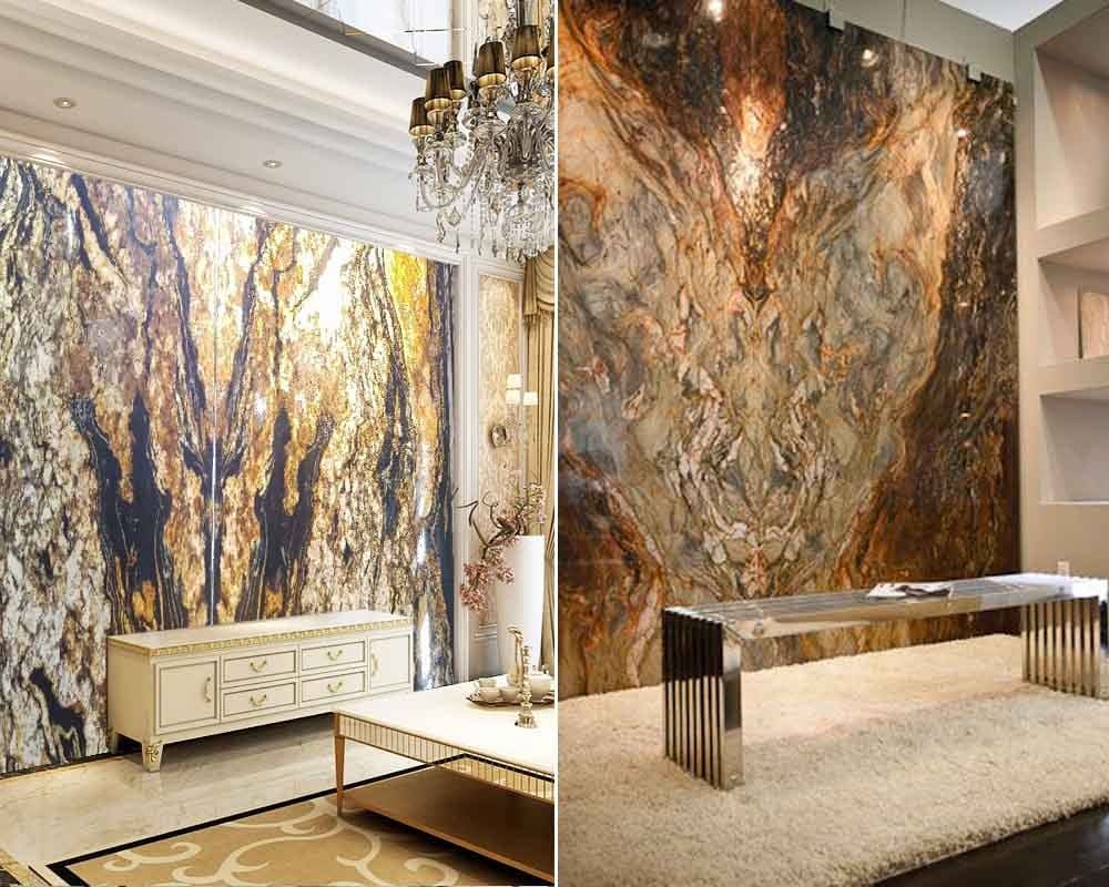 Tường đá hoa cương ấn tượng trong phòng khách sang trọng, mang lại vẻ đẹp tự nhiên và hiện đại cho không gian sống.