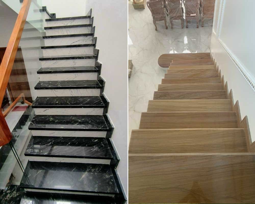 Cầu thang đá hoa cương và gỗ hiện đại trong không gian nội thất sang trọng, thiết kế tối giản và tinh tế.