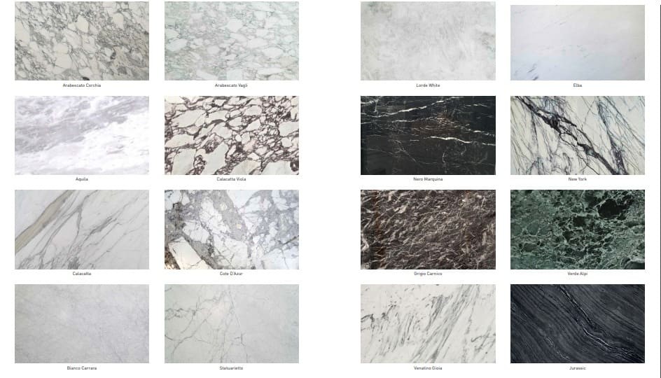 Hình ảnh các loại đá cẩm thạch với nhiều màu sắc và họa tiết khác nhau, bao gồm trắng, đen, xanh lá và nhiều loại khác.