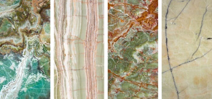 Các loại đá cẩm thạch với màu sắc và hoạ tiết khác nhau, gồm xanh lá, hồng nhạt, nâu đỏ và vàng be.