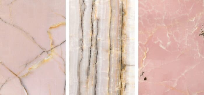 Ba mẫu đá cẩm thạch màu hồng và xám với vân tự nhiên, lý tưởng cho thiết kế nội thất và trang trí.