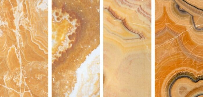 Các mẫu đá cẩm thạch màu vàng cam với vân tự nhiên, phù hợp trang trí nội thất và ngoại thất.
