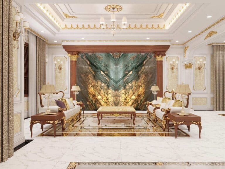 Phòng khách sang trọng với nội thất cổ điển, bàn ghế chạm trổ tỉ mỉ, tường đá hoa cương ấn tượng.