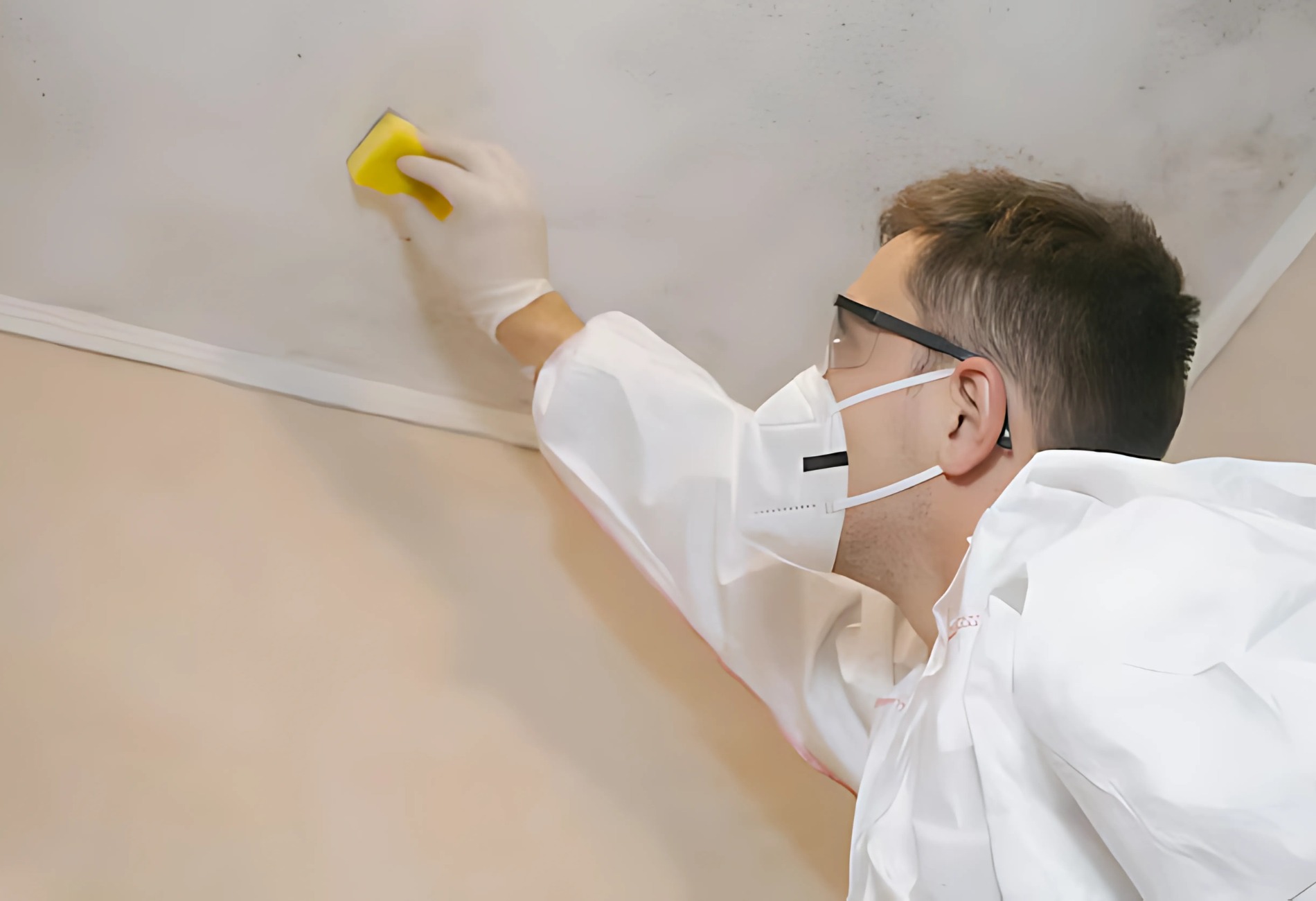 Nhân viên vệ sinh đang tẩy vết bẩn trên trần bằng dụng cụ, đeo khẩu trang và kính bảo hộ.