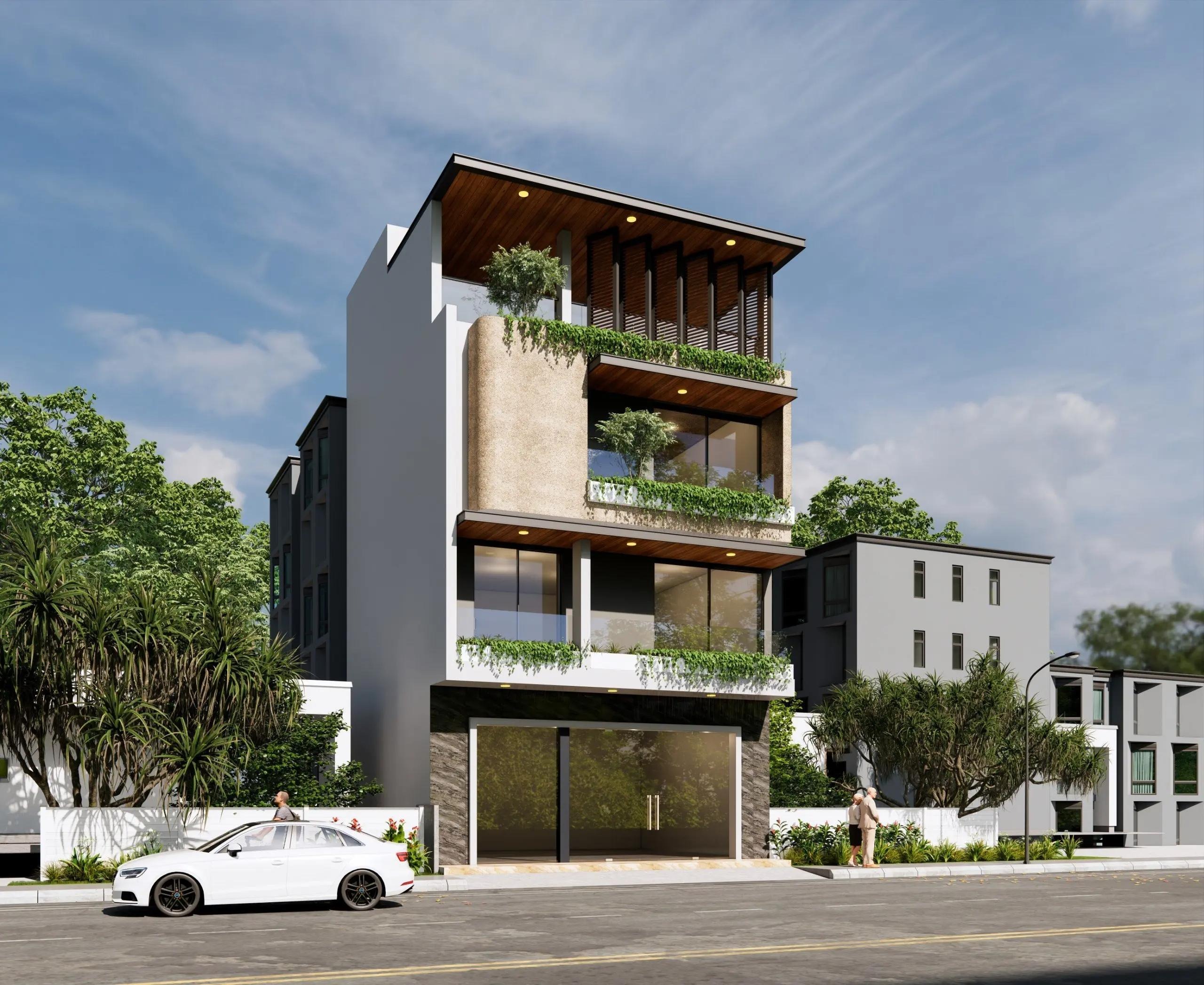 Tòa nhà hiện đại với cây xanh trên ban công, xe hơi màu trắng đỗ trước cửa.