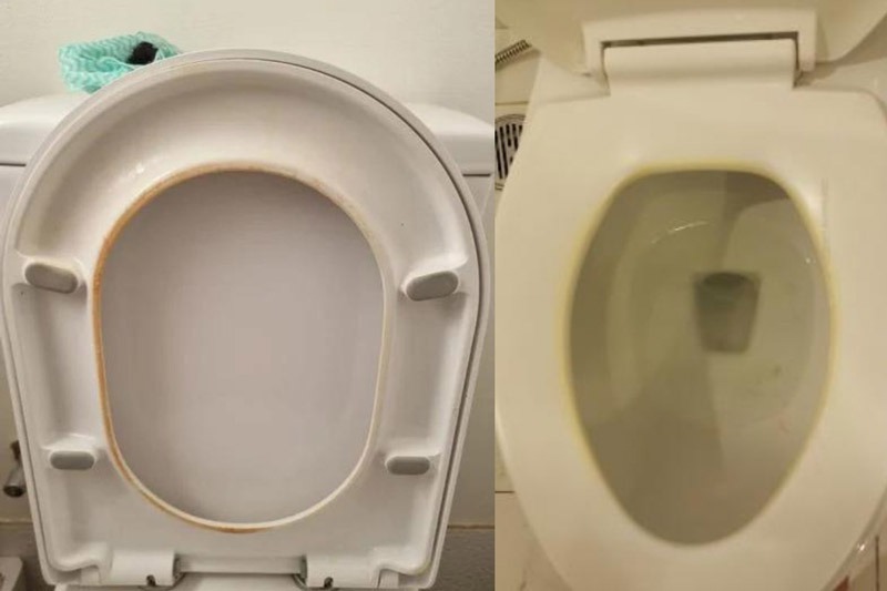 Bồn cầu với vết ố màu nâu nhạt trên đường viền, hình ảnh trước và sau khi vệ sinh.