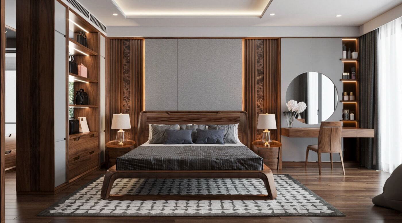 go-oc-cho Phòng ngủ hiện đại với giường gỗ, đèn ngủ, và bàn trang điểm, không gian ấm cúng và sang trọng.