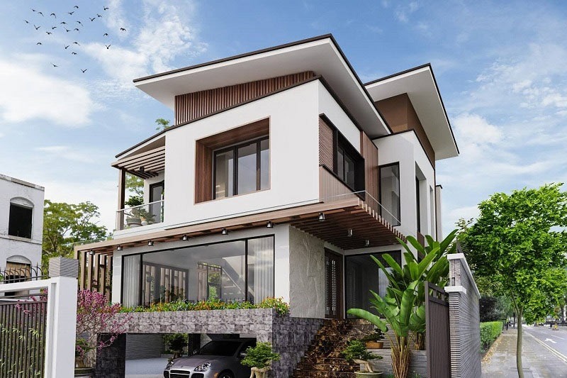 han-che-cua-nha-huong-bac Nhà hiện đại hai tầng với kiến trúc độc đáo, tường kính, cây xanh bao quanh, trời xanh trong.