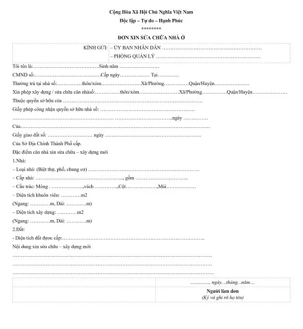 ho-so-xin-cap-giay-phep-khi-cai-tao-nha-cap-4 Biểu mẫu đơn xin sửa chữa nhà ở Việt Nam với thông tin chủ nhà và chi tiết công trình.