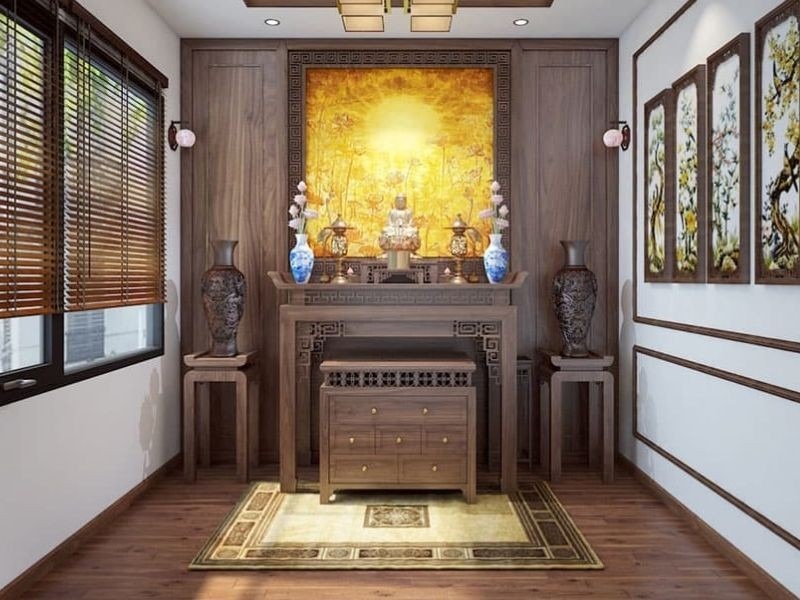 Phòng thờ truyền thống với bàn thờ gỗ, tranh phong cảnh và đồ trang trí tinh tế, ánh sáng tự nhiên ấm áp.