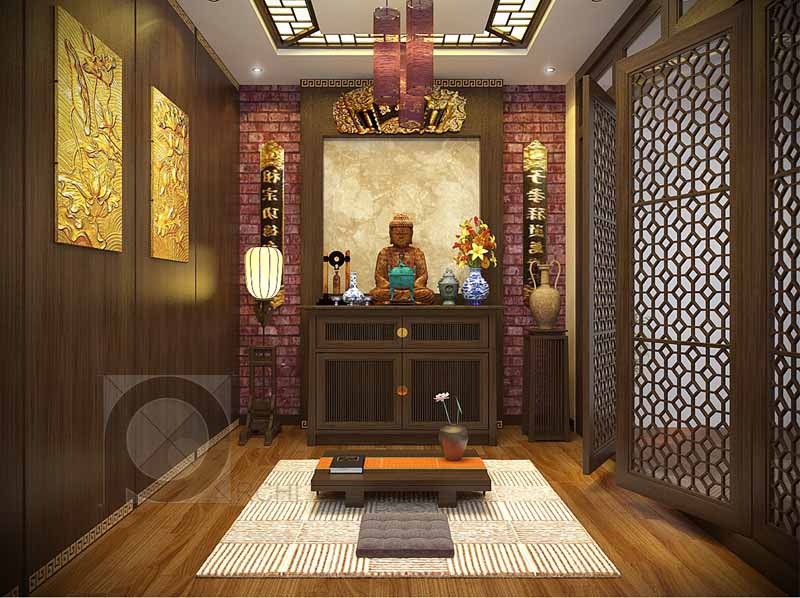 Phòng thờ truyền thống với tượng Phật và đồ trang trí, nội thất gỗ sang trọng, ánh sáng ấm áp.