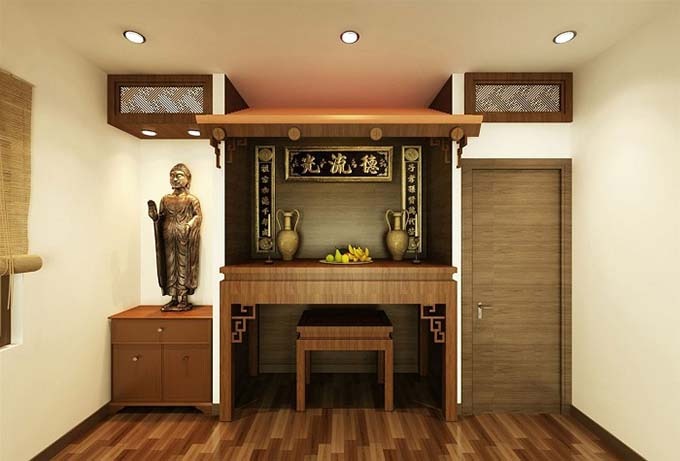 Phòng thờ gỗ hiện đại với tượng Phật, bàn thờ, và đồ trang trí tinh tế, tạo không gian thanh tịnh và tôn nghiêm.