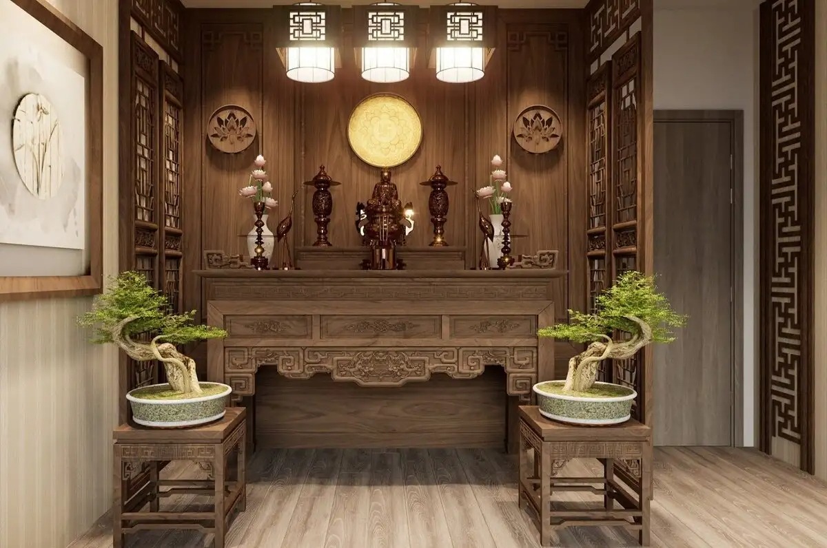 Phòng thờ gỗ truyền thống với bonsai, ánh sáng ấm áp, thiết kế tinh tế.