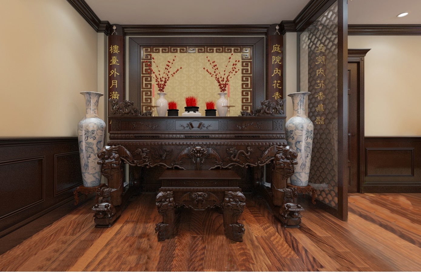 Bàn thờ gỗ kiểu cổ điển, trang trí bình hoa sứ, ảnh hưởng kiến trúc phương Đông.