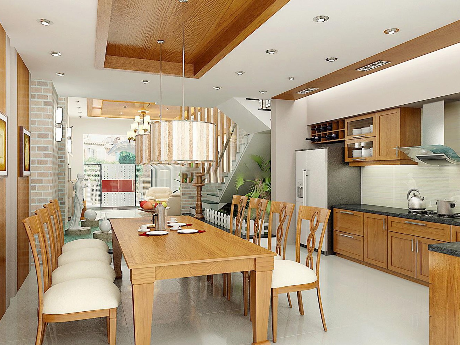 Phòng bếp và ăn hiện đại với bàn gỗ sáng, đèn trang trí, và tủ bếp tiện nghi.