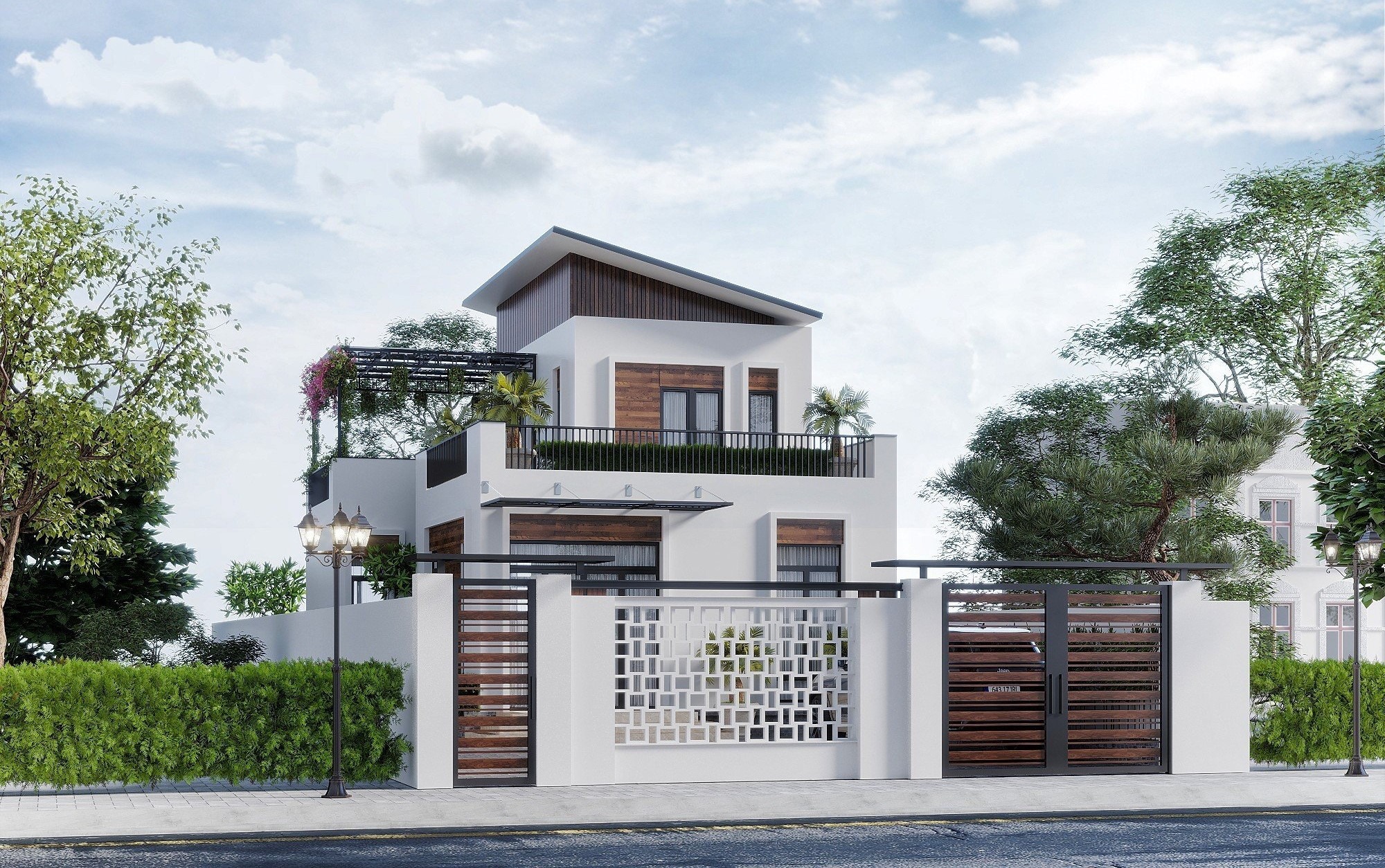 Nhà hiện đại hai tầng với vườn cây xanh, mái nghiêng, hàng rào gỗ và cửa kính lớn.