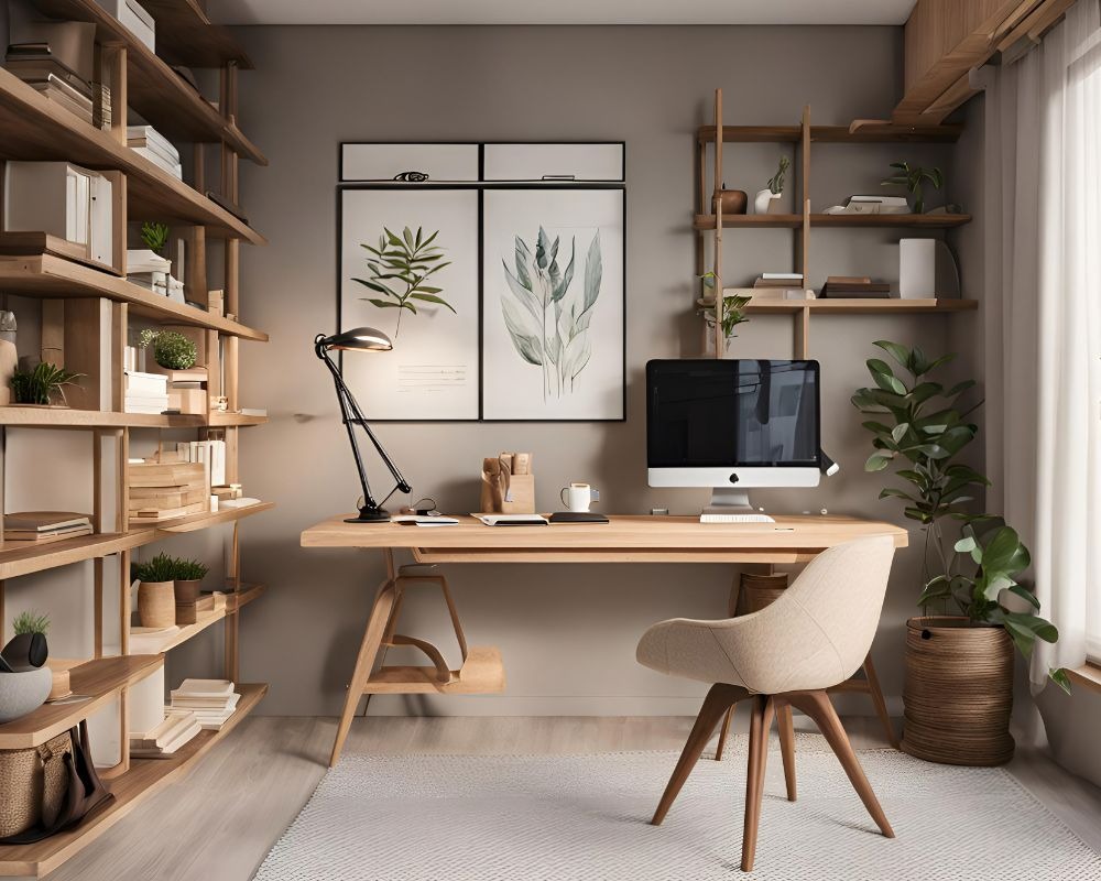 Văn phòng tại nhà hiện đại với bàn gỗ, máy tính, giá sách và cây xanh, tạo không gian làm việc thoải mái và thanh lịch.