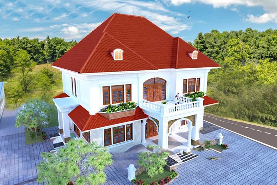 Biệt thự hiện đại hai tầng với mái ngói đỏ, vườn cây cỏ xanh mát, nằm gần con đường vành đai yên tĩnh.