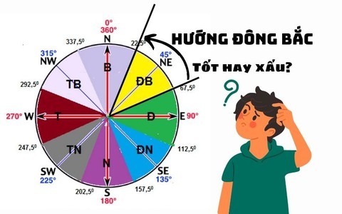 Biểu đồ hướng đông bắc và người đàn ông suy nghĩ, văn bản HƯỚNG ĐÔNG BẮC TỐT HAY XẤU?
