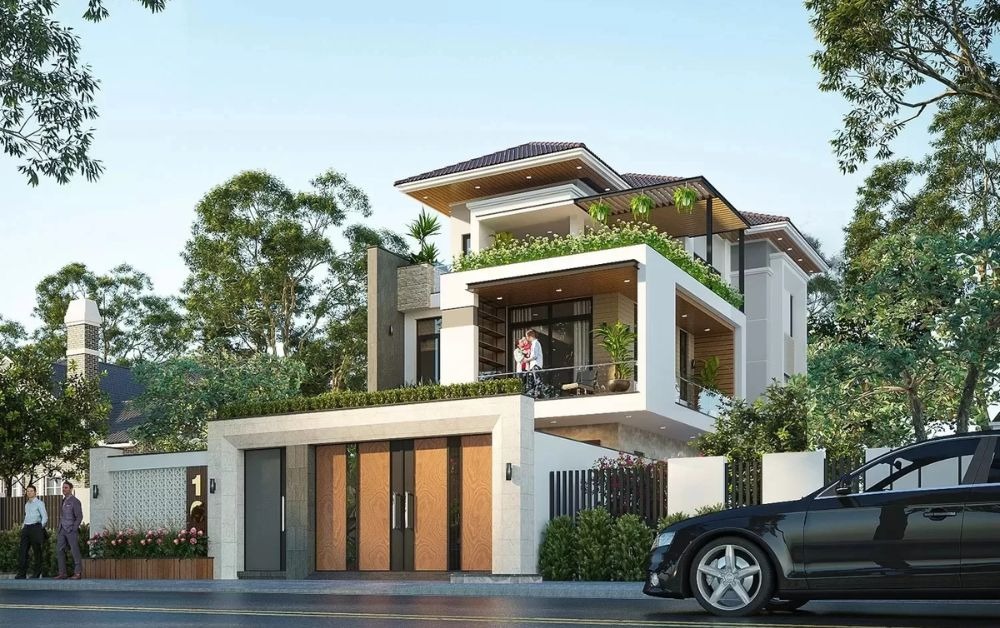 huong-nha-ly-tuong-cho-tuoi-quy-suu-1973 Biệt thự hiện đại với thiết kế hai tầng, ban công xanh mát và ô tô đỗ trước nhà.