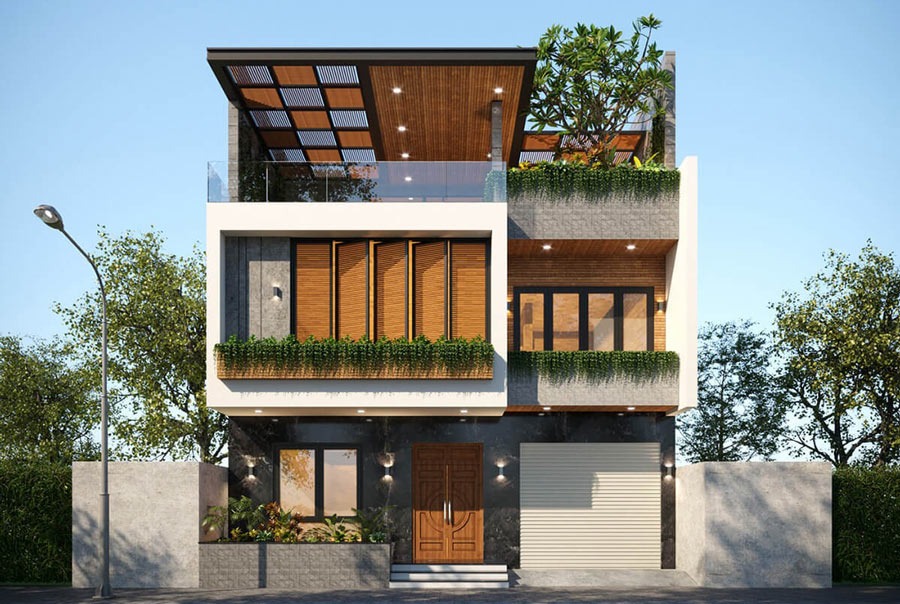 huong-nha-phong-thuy-cho-nam-canh-thin-2000 Nhà phố hiện đại ba tầng với ban công xanh, cửa kính lớn và cổng gara, thiết kế phong cách tối giản.