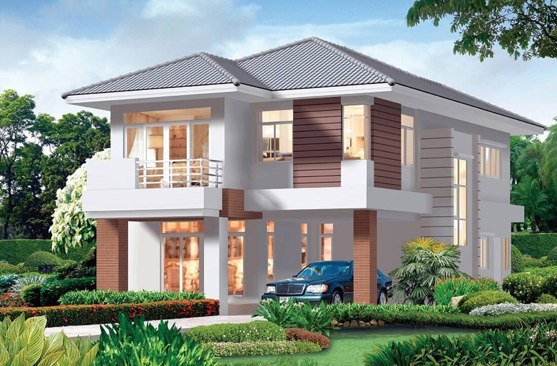 huong-nha-phu-hop-cho-tuoi-at-dau Biệt thự hiện đại hai tầng, mái ngói xám, cửa sổ lớn, xe ô tô trước hiên, xung quanh có nhiều cây xanh và hoa.
