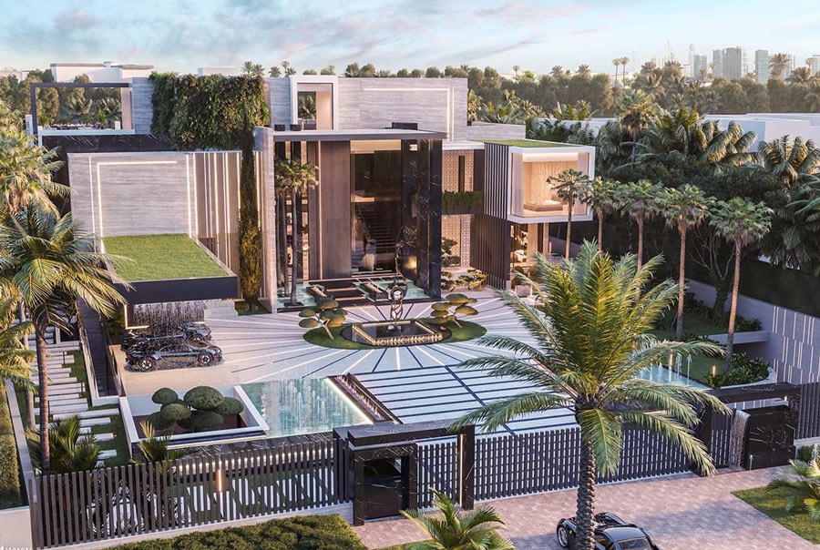 Biệt thự hiện đại sang trọng với sân rộng và cây cọ xanh, thiết kế độc đáo giữa không gian thiên nhiên.