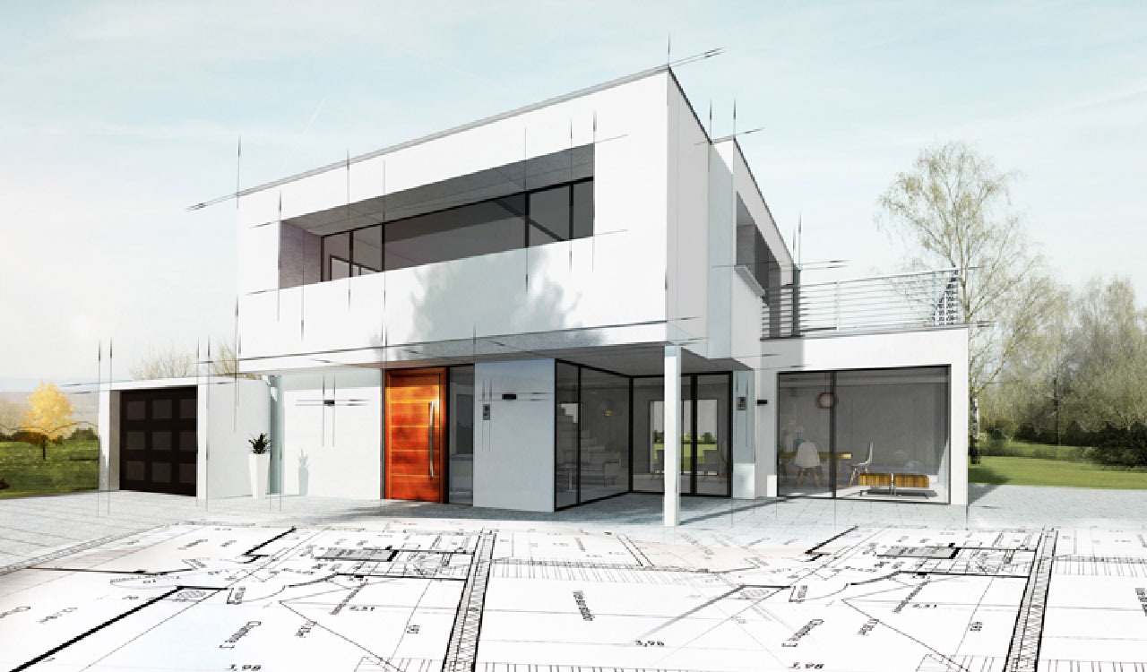 Nhà hiện đại với thiết kế kiến trúc 3D trên bản vẽ, gồm kính lớn và cửa gỗ sang trọng.