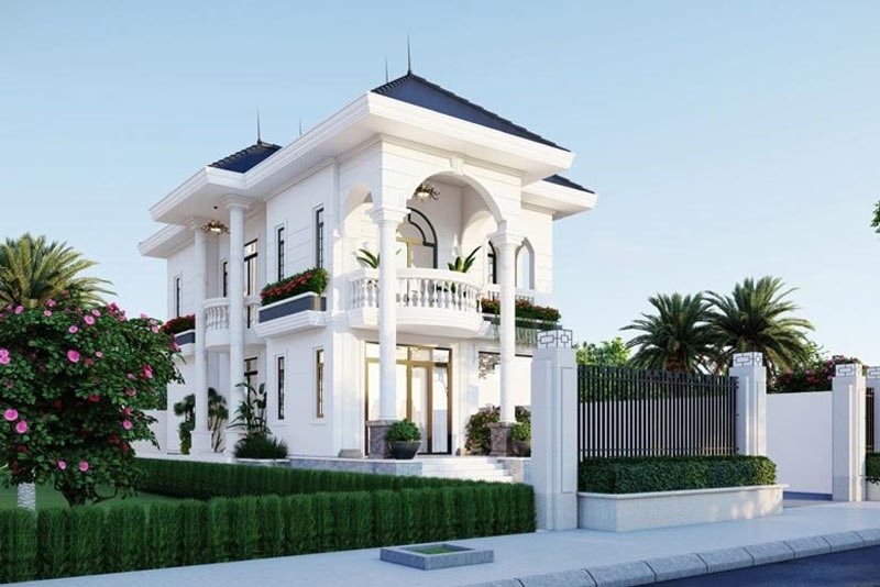 huong-nha-thich-hop-cho-tuoi-canh-tuat Biệt thự hai tầng sang trọng với vườn cây xanh xung quanh, thiết kế cổ điển và hàng rào sắt trang trí tinh tế.