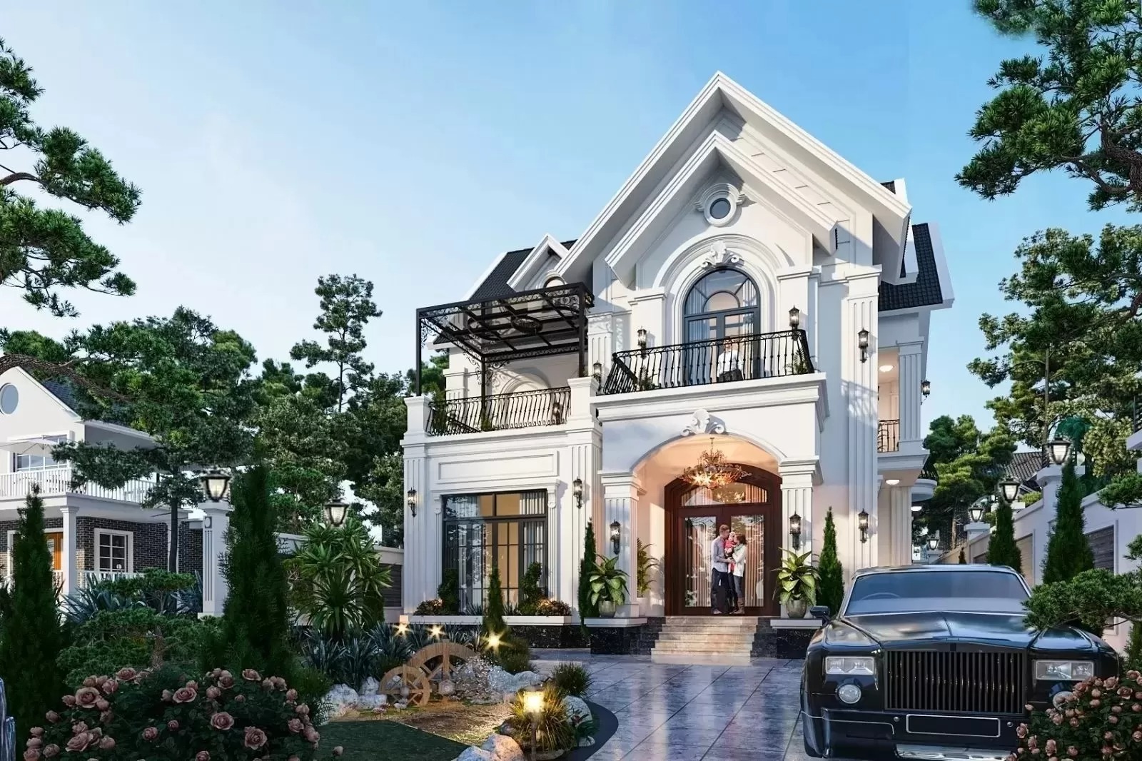 Biệt thự sang trọng với ô tô trước cổng, cây xanh xung quanh và bầu trời trong xanh.