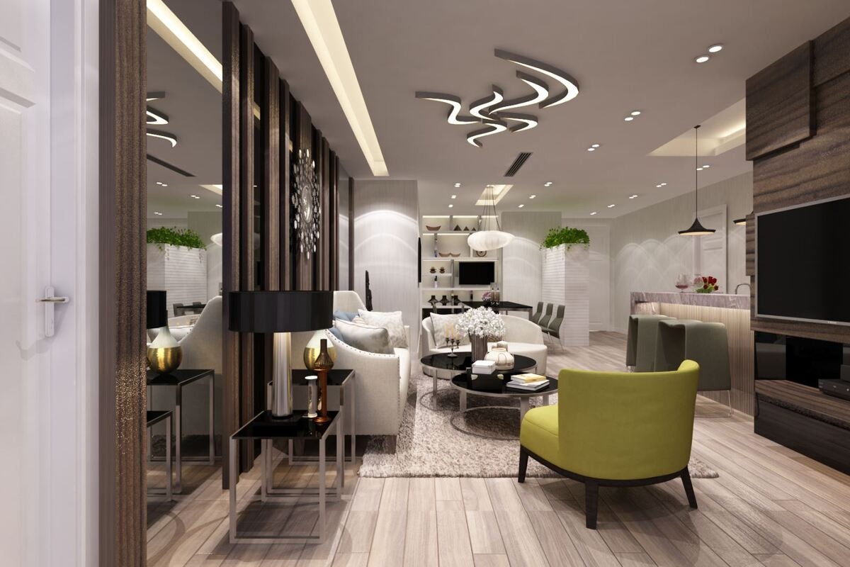 Phòng khách hiện đại với nội thất sang trọng, ghế sofa xanh lá, đèn trang trí và bàn cà phê tròn.